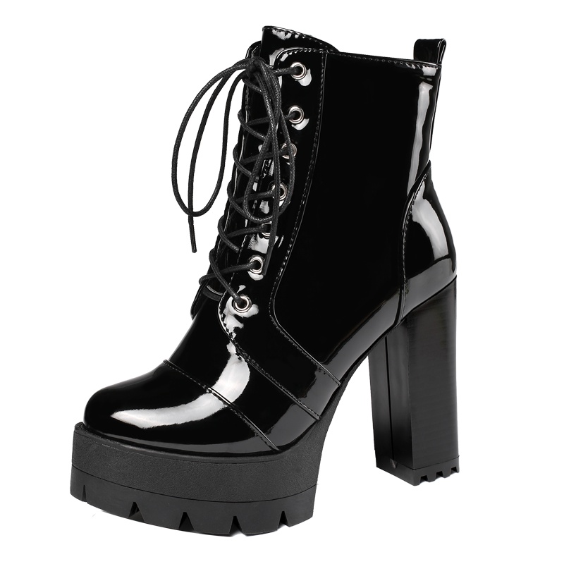 品点(Pandell)新款马丁靴圆头超高跟漆皮女靴圆头粗跟短靴秋冬保暖女鞋子