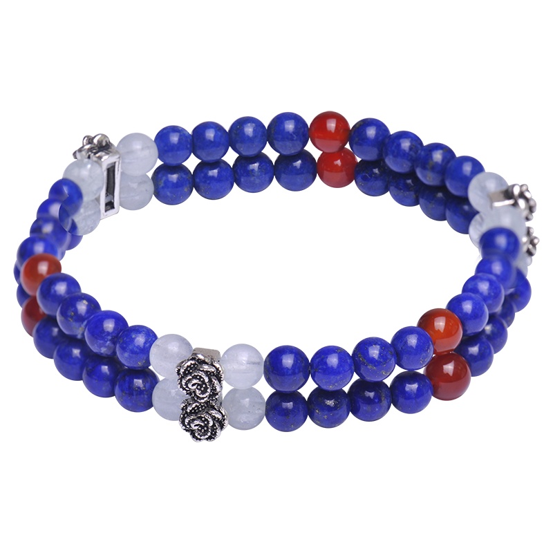 梦克拉Mkela 青金石925银双圈手链 激情 圆珠S925花型多圈手串红玛瑙白玛瑙 民族风 送朋友