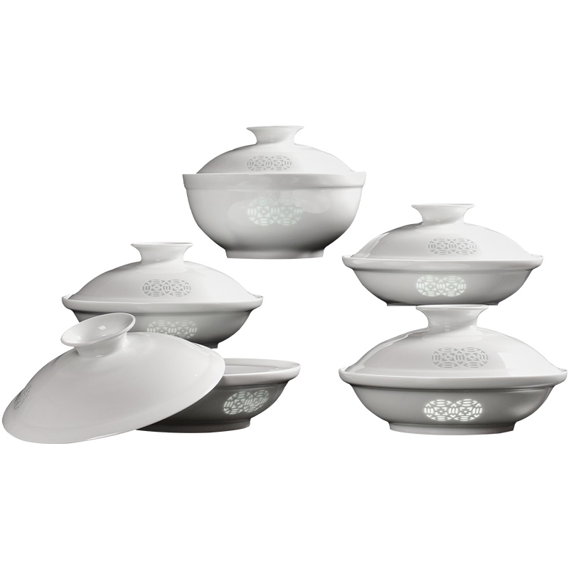古镇陶瓷碗碟套装陶瓷泡面碗带盖碗汤碗深盘菜盘保温碗5头合器套组双钱