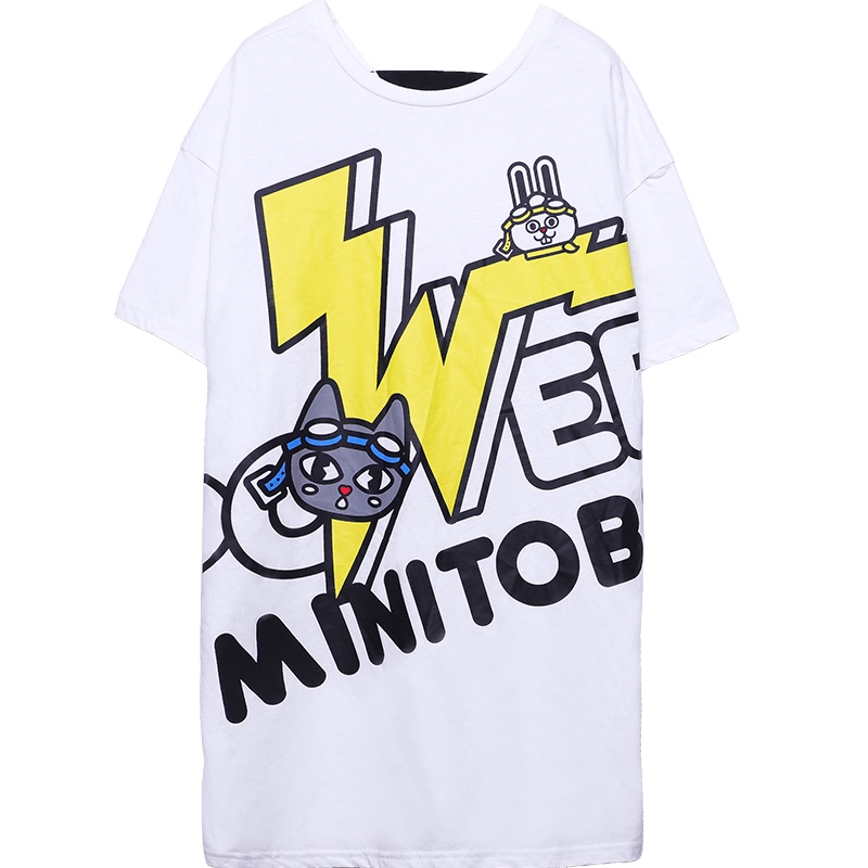 a02新款个性大印花背面飘带V领宽松长款T恤裙女DTU1B0591DR