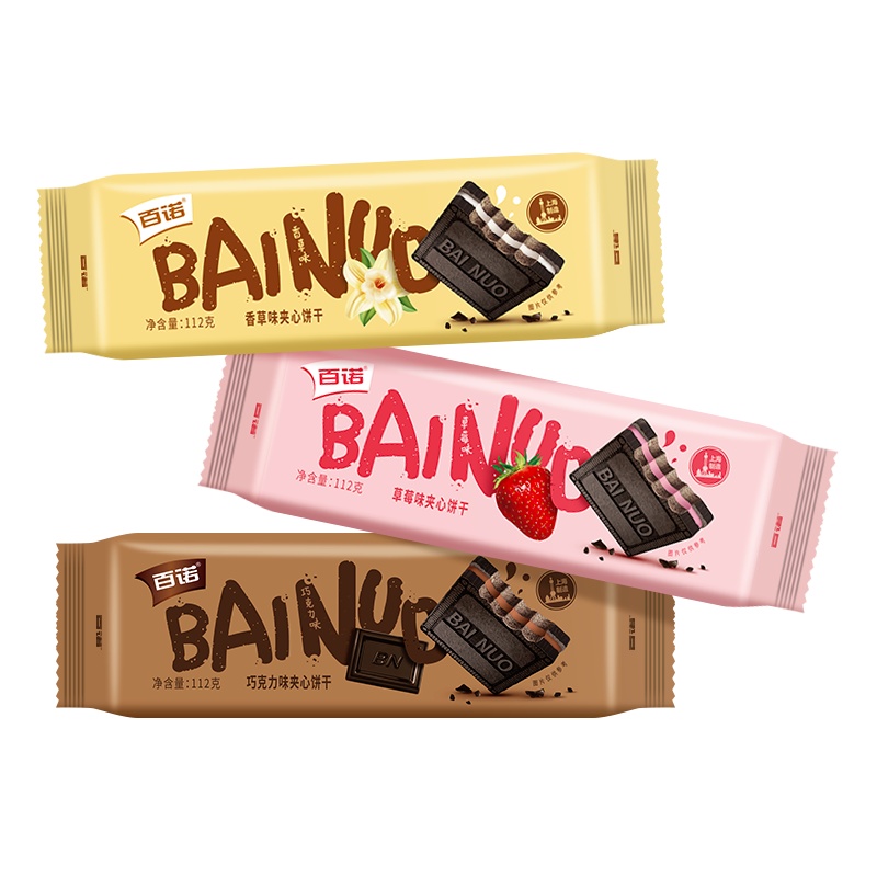 百诺巧克力味香草味草莓味夹心饼干112克休闲零食办公室零食点心