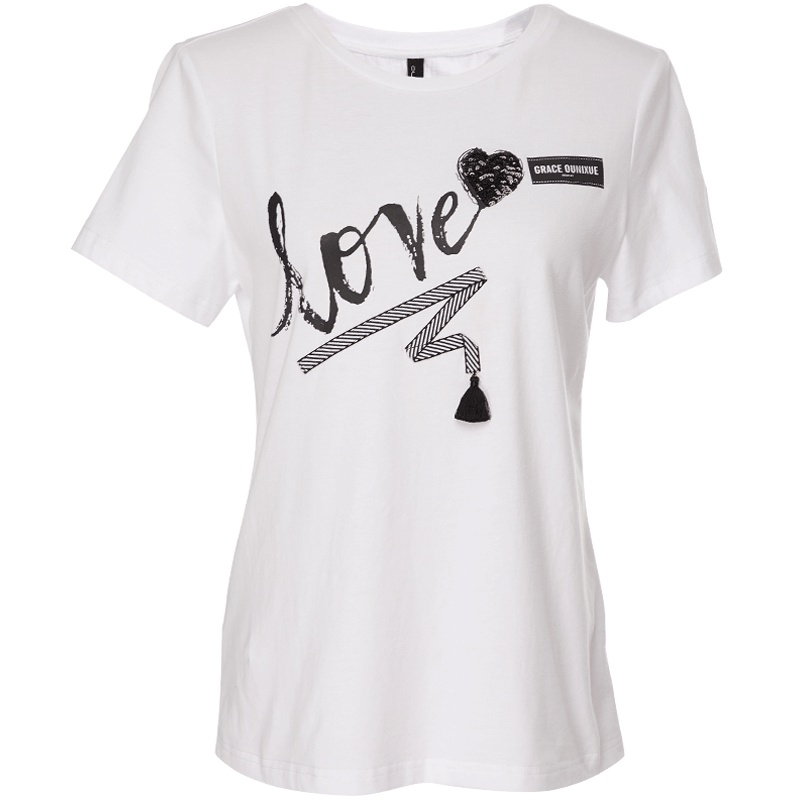 欧昵雪夏季字母印花亮片爱心圆领宽松短袖白色纯棉T恤女短袖