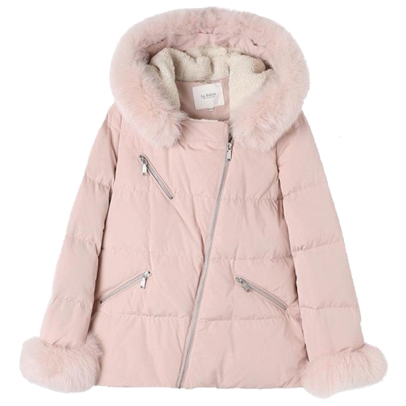 拉贝缇鹅绒羽绒服女2019冬季新款时尚百搭短款狐狸毛领派克服外套60007066