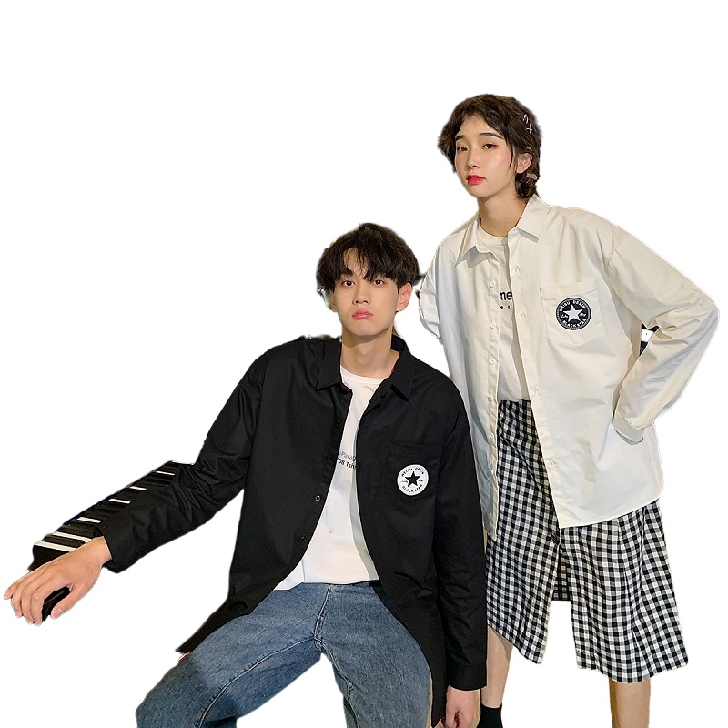 茜靓CHYLLIRN2021春季新款长袖衬衫男士纯色宽松帅气休闲白衬衣服男生潮流外套寸衫