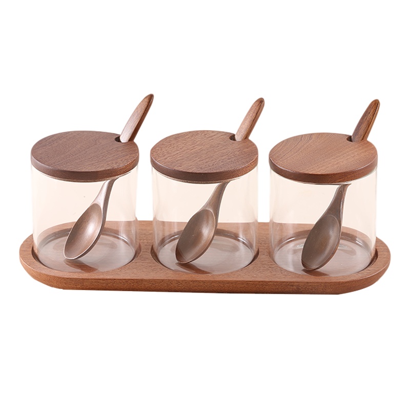 达乐丰乌檀木玻璃调味罐调味盒盐糖罐厨房调味盒调料瓶调料家用套装佐料器皿