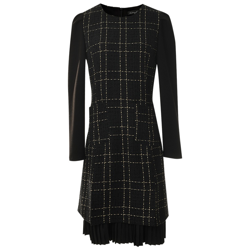 欧昵雪秋冬装圆领收腰格子毛呢连衣裙女拼接压皱假两件中裙