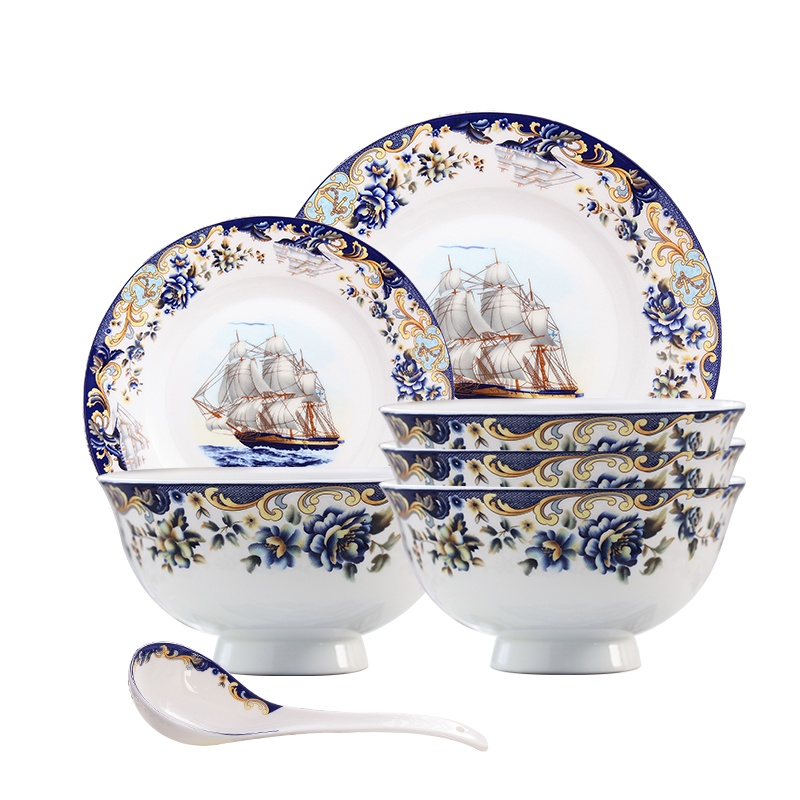 富昱景 景德镇釉中全骨瓷盘子碗碟餐具套装国产陶瓷家用中欧式8人食一帆风顺