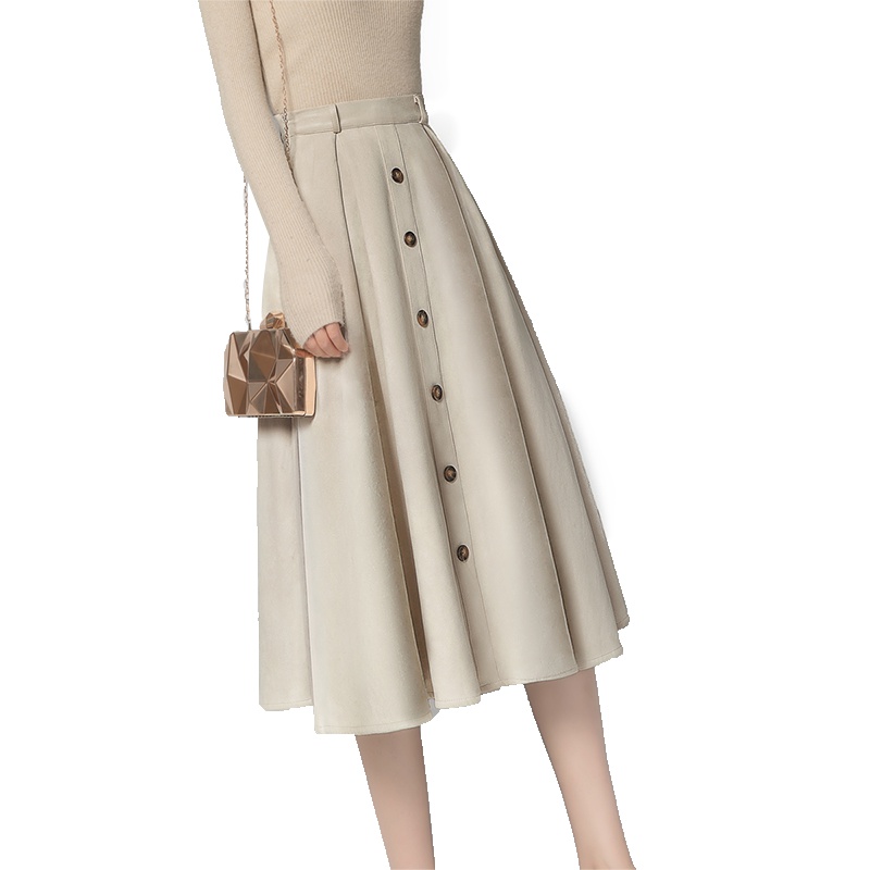 丝柏舍2019秋装女纯色简约高腰单排扣大摆半身裙S93B4628B