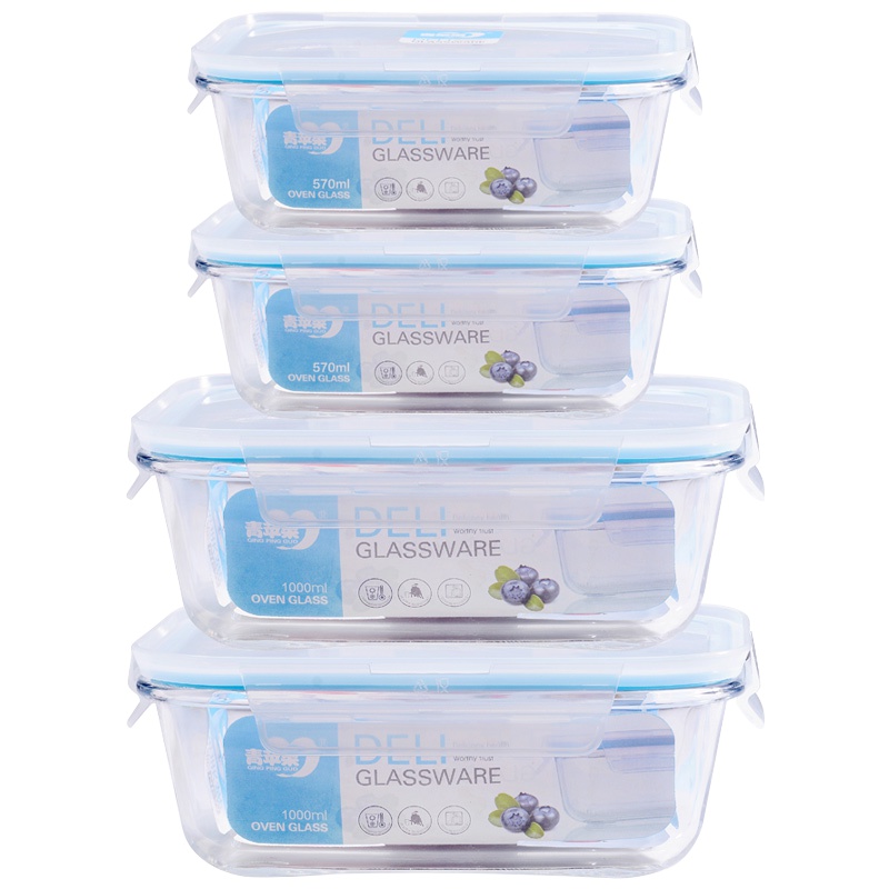 青苹果玻璃保鲜盒长方形大容量耐热便当盒 微波炉加热饭盒玻璃碗套装EK1303/EK1302-2