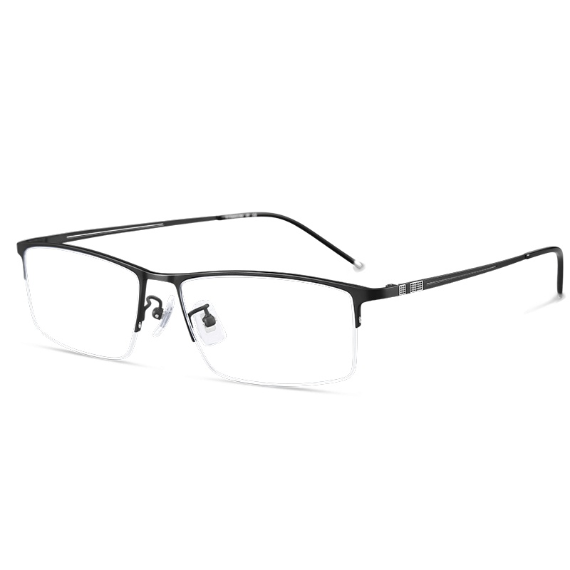普莱斯(pulais)超轻纯钛眼镜框架男 半框商务近视眼镜可配眼镜防蓝光辐射变色近视镜片990070 黑色(单镜框)