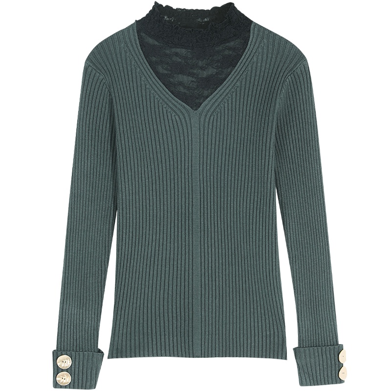 妖精的口袋蕾丝拼接黑色内搭半高领毛衣2020春季新款女针织打底衫