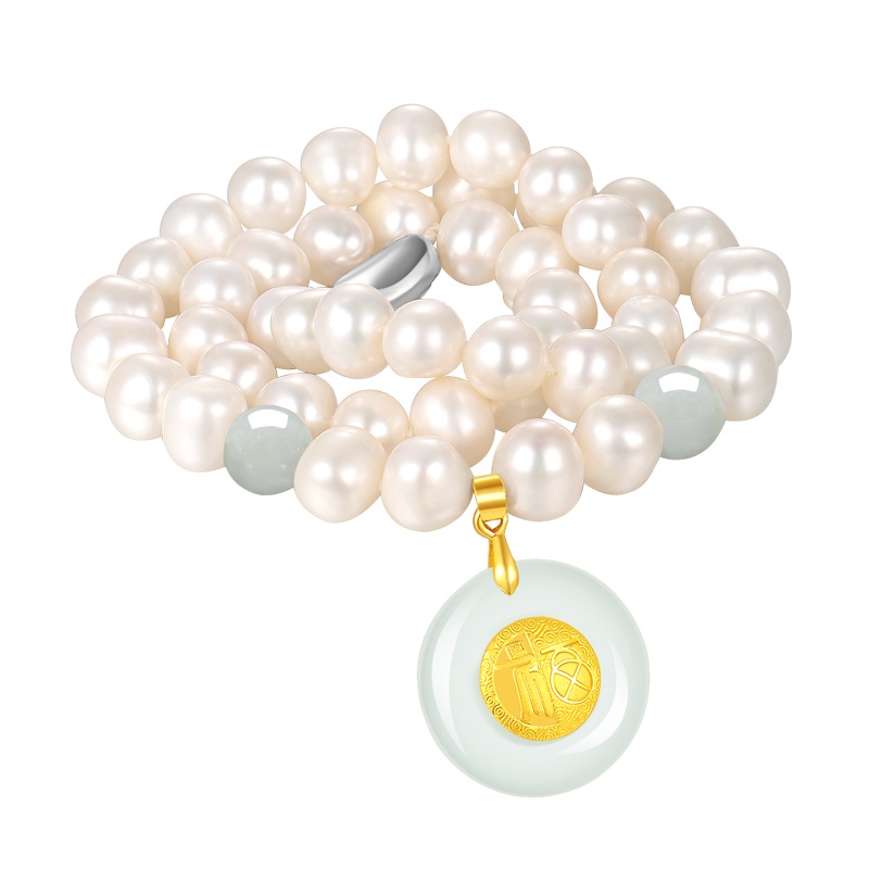 蒂蔻 吉祥福平安扣黄金吊坠项链女士款足金和田玉镶嵌珍珠套链母亲节送婆婆送妈妈生日礼物