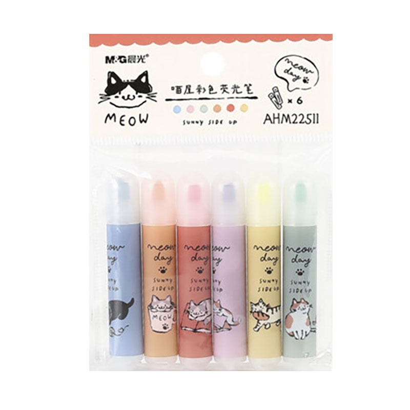 晨光AHM22511文具防晕染荧光笔 学生单头重点标记笔 喵屋系列手账手绘记号笔 6支/盒6色