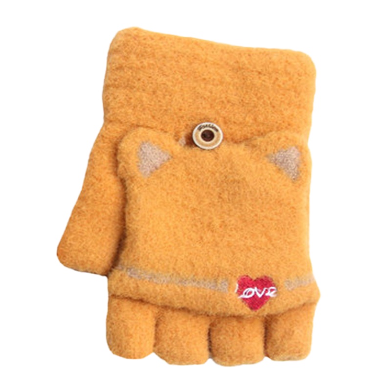 儿童手套女童秋冬季保暖青少年女孩初中学生写字半指翻盖露指两用 卡其色,粉色,浅灰,藏青,浅粉