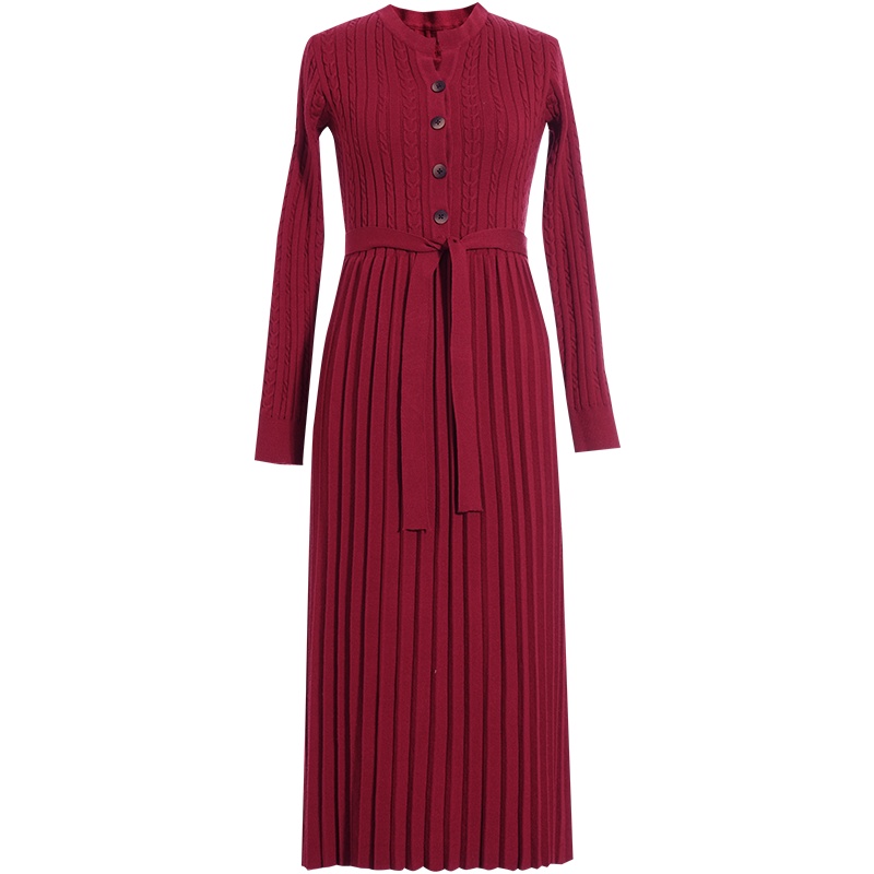 OUNIXUE欧昵雪 | [半开领打底毛衣裙]冬季中长款修身压褶裙A字针织连衣裙女