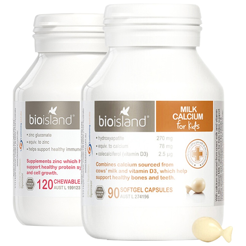 2件装[钙+锌]Bio Island佰澳朗德婴幼儿液体乳钙+小熊锌咀嚼片90粒+120粒瓶装组合装澳洲进口