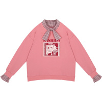 衬衫拼接假两件红卫衣女学生秋季韩版长袖蝴蝶结短上衣2019新款