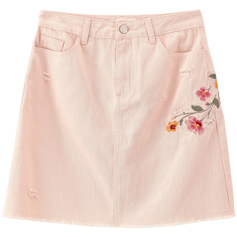 茵曼2019夏装新款全棉中腰简约A摆绣花文艺复古浅粉半身短裙女