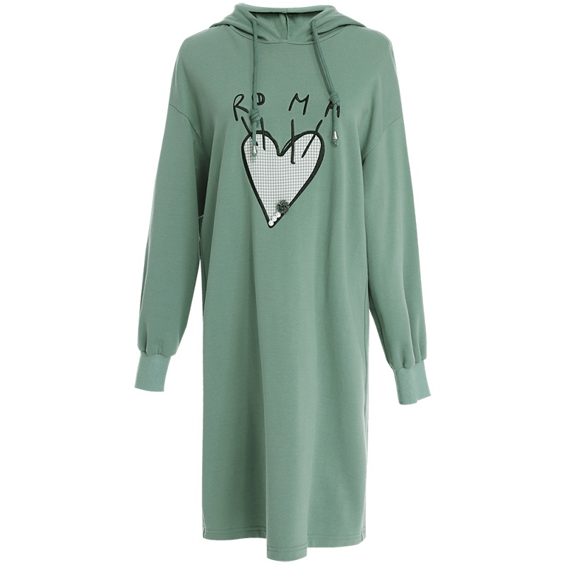 欧昵雪连帽爱心字母中长款卫衣裙女宽松绣花连衣裙