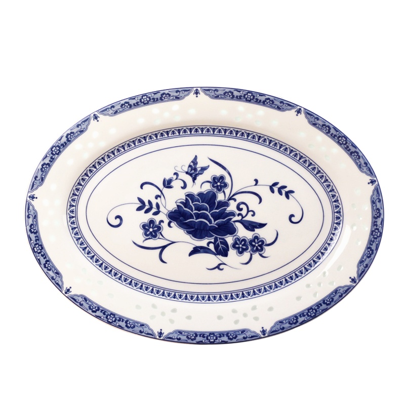 LICHEN 景德镇陶瓷大鱼盘青花玲珑瓷器釉中彩中式菜盘清香玉餐具12英寸 优品 微波炉适用