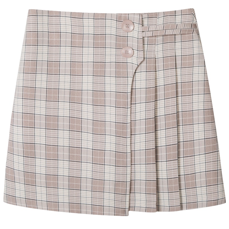 [2折价49.9元]唐狮年春季新款半身裙女不规则格子半身裙高腰短裙百褶裙女夏