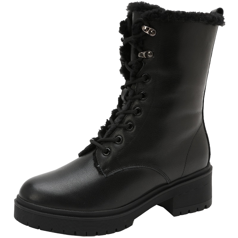 百田森帅气马丁靴女冬季新款圆头粗跟加绒保暖女短靴真牛皮