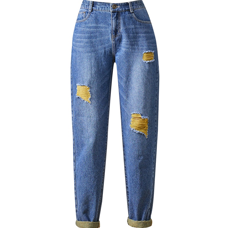 娅丽达女裤破洞牛仔裤女2019夏宽松哈伦老爹直筒时尚薄款九分裤子I2188