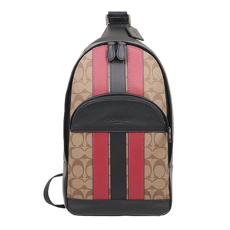 蔻驰(COACH) 男士HOUSTON系列印花条纹涂层帆布胸包挎包