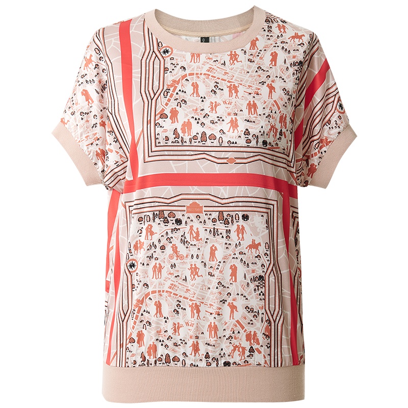 欧昵雪夏季螺纹圆领宽松上衣卡通印花雪纺衫连肩短袖束腰T恤女