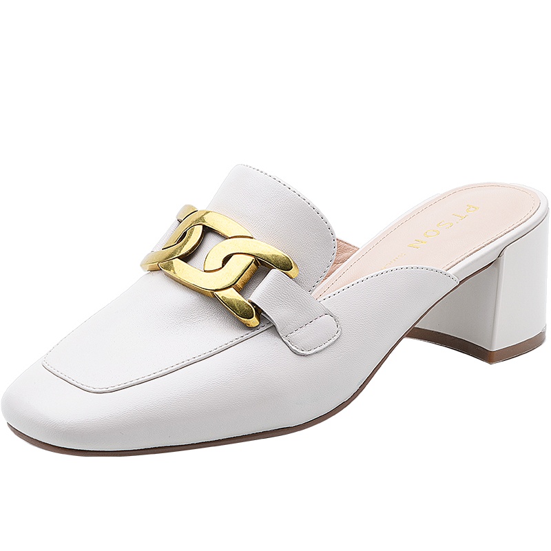 百田森2021夏季新款钱串穆勒鞋羊皮高粗跟一脚蹬包头懒人拖鞋女