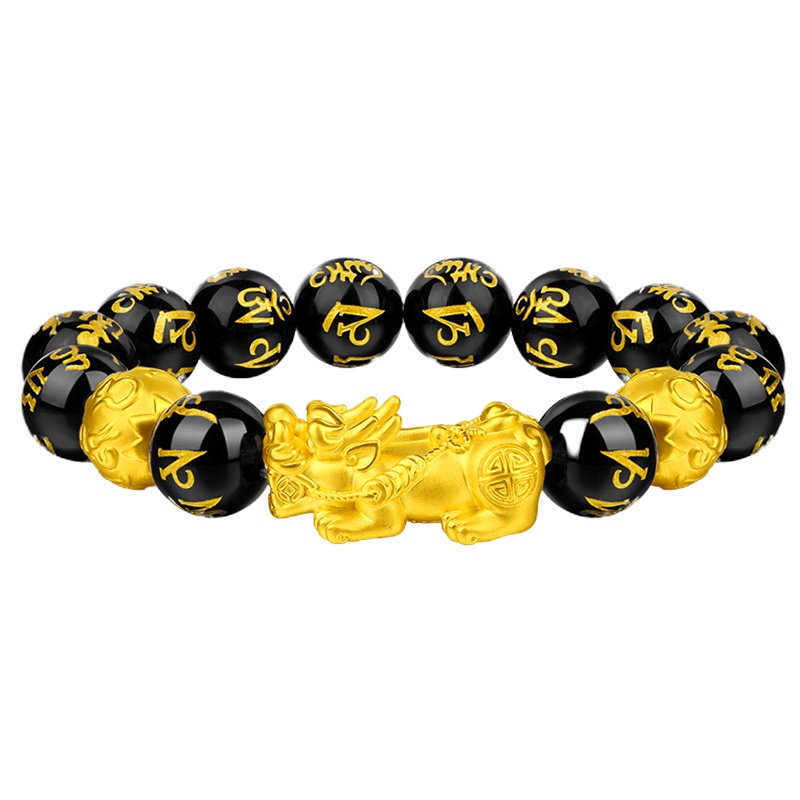 GZUAN古钻珠宝 足金黄金真言黑玛瑙貔貅手链男士3D硬金足金貔貅 YJS0005