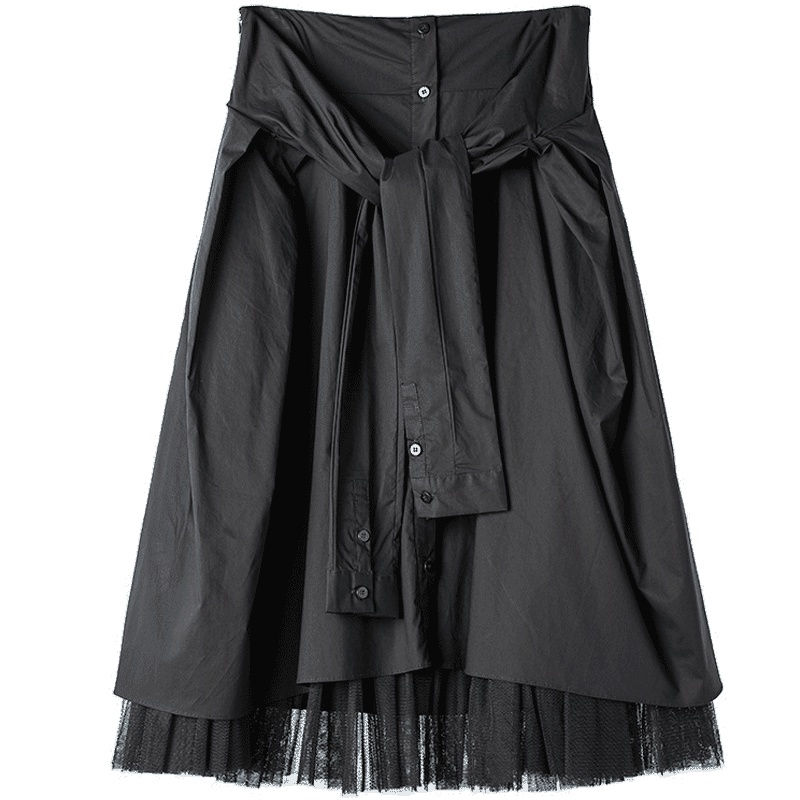 sdeer圣迪奥2018夏装束腰前开襟衣袖装饰纱拼接半身裙S17281190