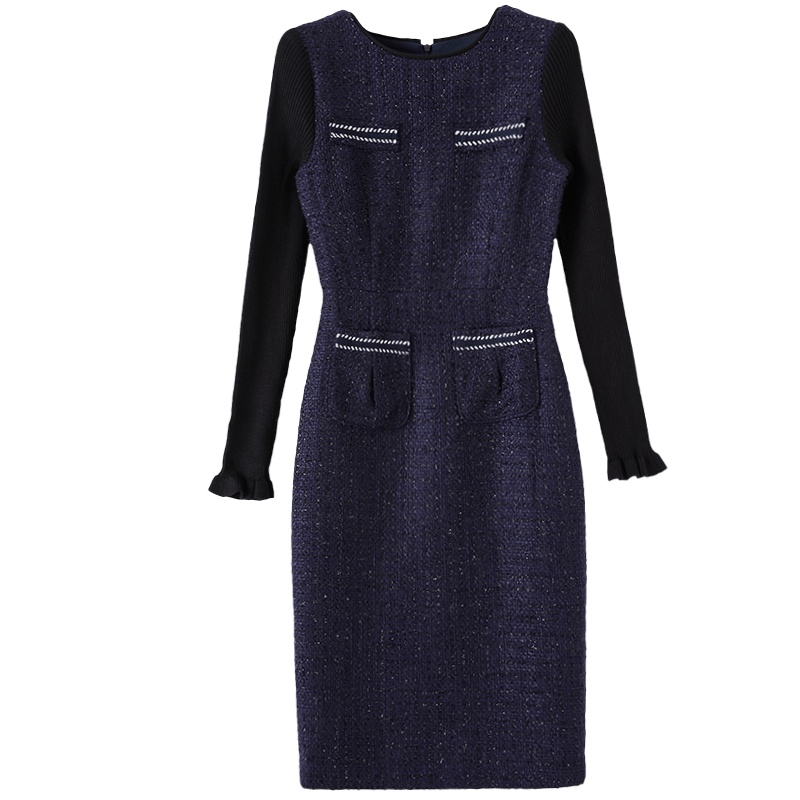 晚白2020冬季新品简约圆领长袖修身显瘦职业包臀裙打底连衣裙女