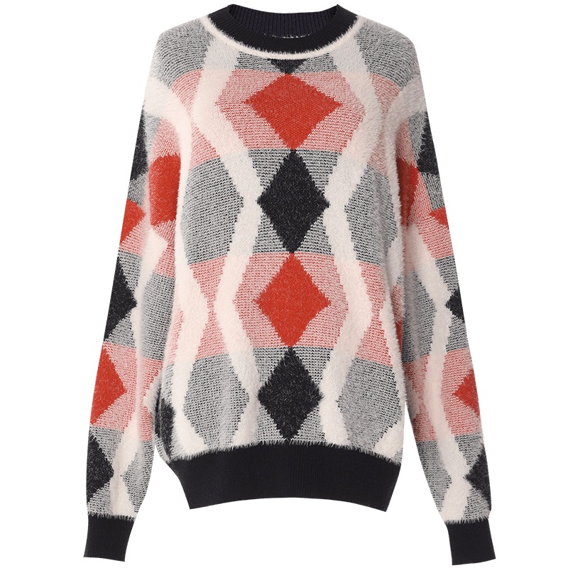 欧昵雪秋冬圆领几何菱格宽松蝙蝠袖针织衫女套头长袖毛衣