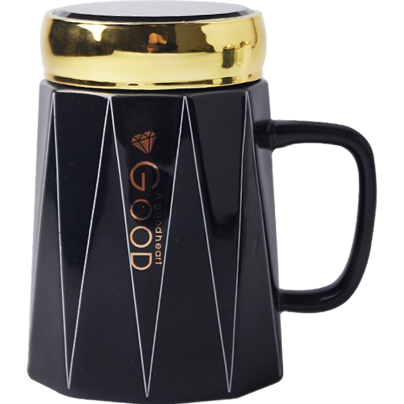 麦可可 创意个性经典办公早餐牛奶情侣家用陶瓷杯品悦马克水杯 带盖470ML曜石黑