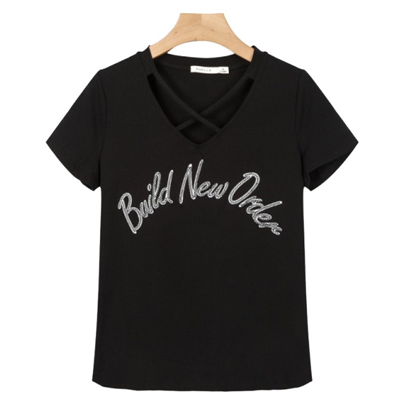 【专柜同款】Puella纯色短款T恤女夏新款韩版学生ins字母刺绣v领短袖上衣潮20011967