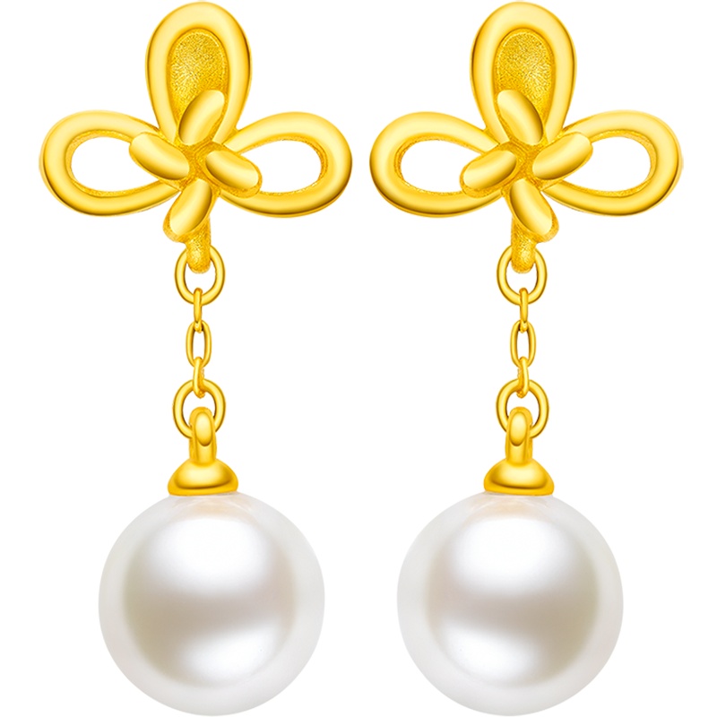 周大福盘扣系列团锦扣足金金珍珠耳钉 R23722