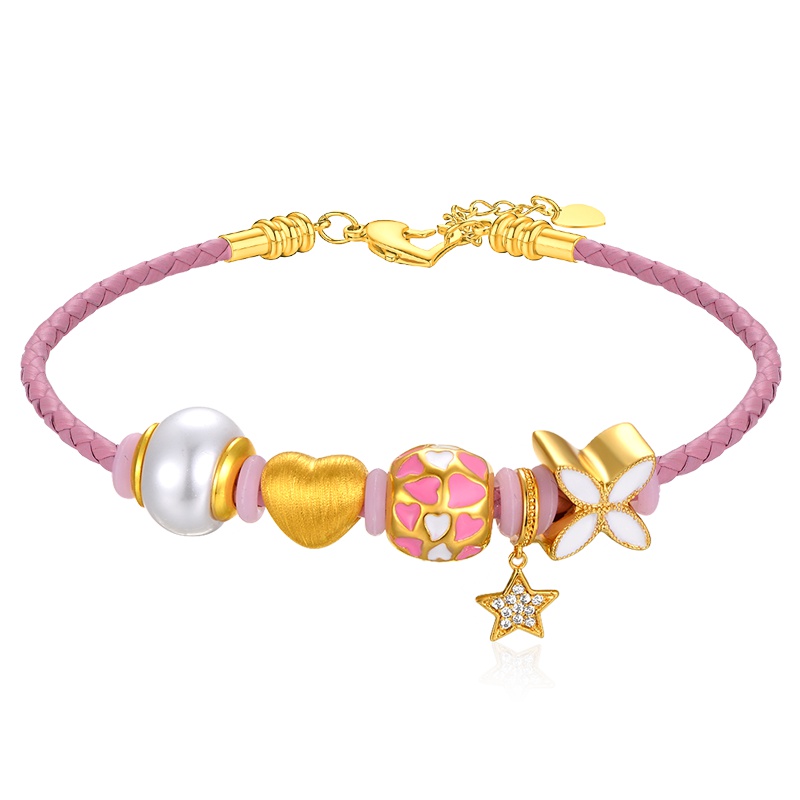 蒂蔻 爱心形镶钻五角星星定制黄金手链牛皮绳女士款足金情人节日表白礼物送女生