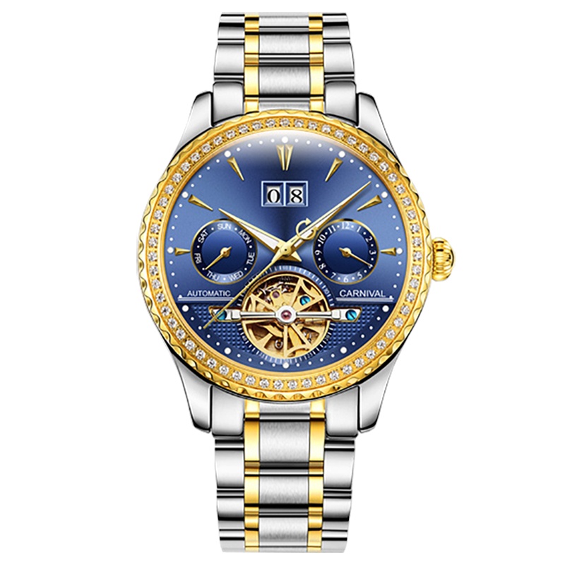 瑞士嘉年华Carnival手表 新款全自动机械表 男士镂空飞轮防水男表休闲时尚夜光金色表 多功能金属腕表8731