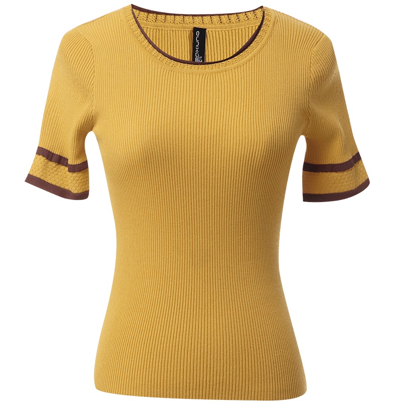 欧昵雪夏季镂空拼色圆领短袖针织衫上衣女修身毛衣薄款