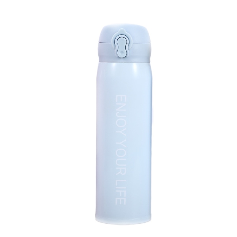 男女孩儿童纯色字母冬季小学生水杯便携式随行杯不锈钢简约户外运动直身杯弹跳盖不锈钢保温杯-蓝色字母保温杯子500ml