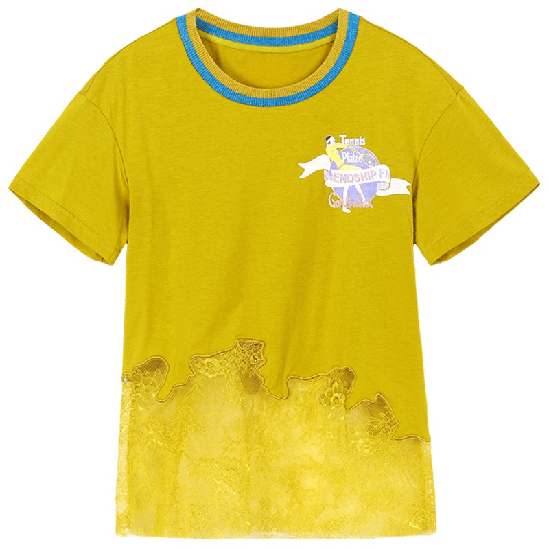 马克华菲女装 2019新款T恤ins短袖新款袖拼接纱蕾丝上衣夏装潮