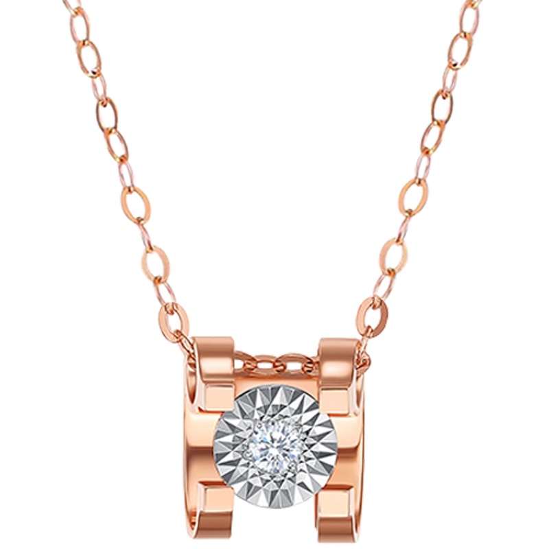 Ryual18K金项链钻石套链玫瑰金牛头吊坠锁骨链彩金四爪真钻车花显大项链 黄金计价款送恋人女友