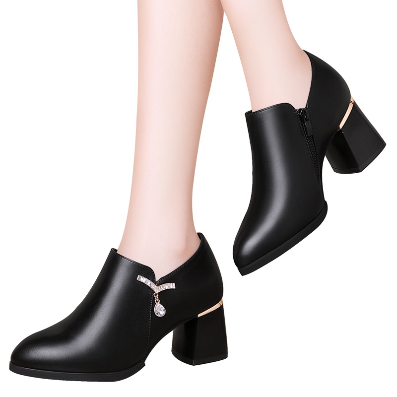 百年纪念Centenary时尚尖头粗跟防水台女鞋休闲鞋拉链质感高跟增高深口单鞋1845