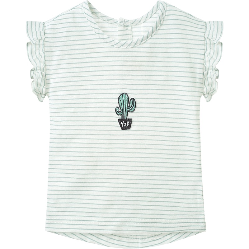 婴姿坊女童夏季圆领木耳花边短袖小清新风仙人掌印花T恤1-5岁73-120码