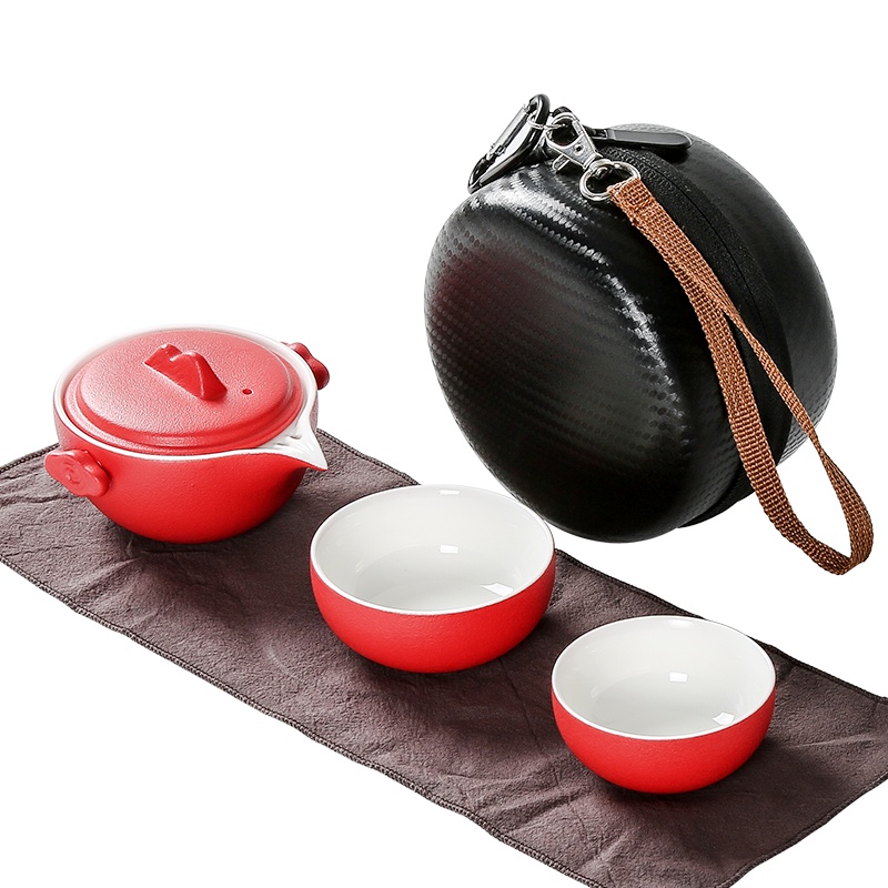 常生源 旅行茶具快客杯陶瓷旅行居家茶壶三件套日式陶瓷2人便携式套装家用 觅境一壶两杯红色