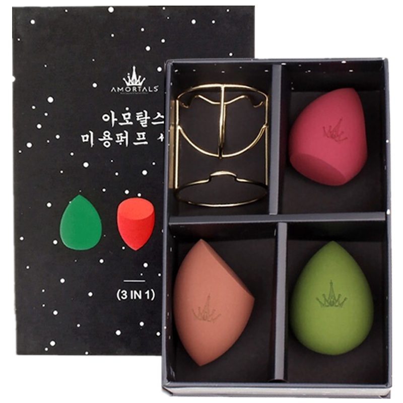 韩国AMORTALS尔木萄心悦美妆蛋海绵套装礼盒爱心超软心形两支装带托架不吃粉易上妆干湿两用 BG-134蓝色爱心粉扑套