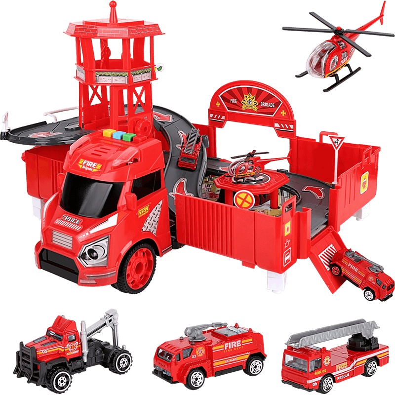 勾勾手(gougoushou)儿童益智玩具带灯光音效可升降可变形多层轨道停车场3-6岁男孩汽车玩具可变形消防车停车场红色