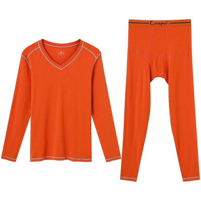 爱帝男式秋衣秋裤秋冬棉莫撞色线V领基础薄款保暖打底内衣套装