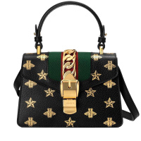 [海外直邮]GUCCI古驰女包牛皮黑色蜜蜂刺绣迷你单肩斜跨包手提包470270 DJ2SG 8571